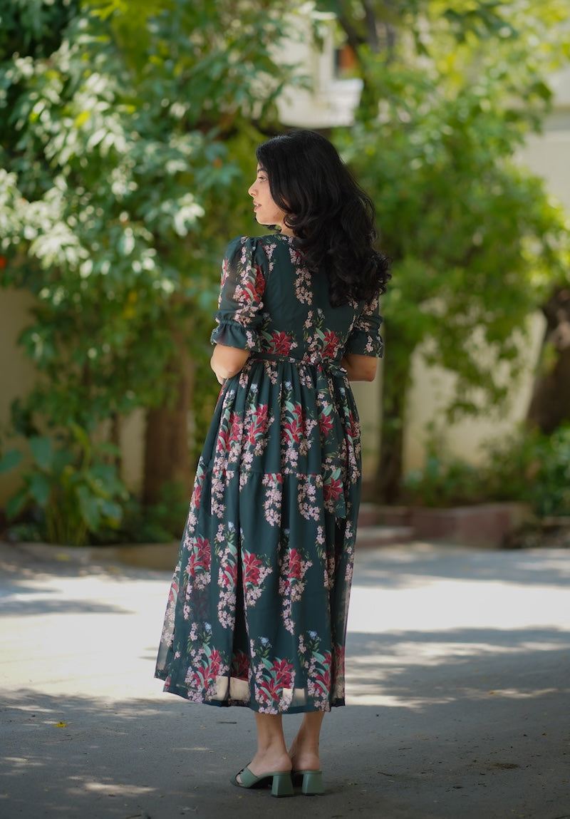 bloom forest green georgette dress