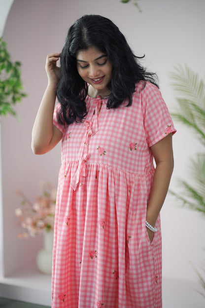 Arina Gingham Pink Checkered Georgette dress