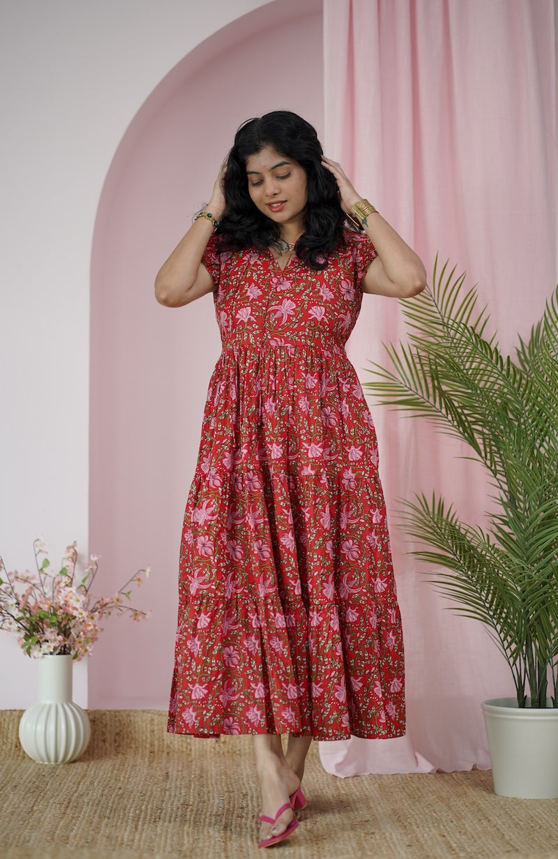 Maroba Red Floral Cotton Tier Dress