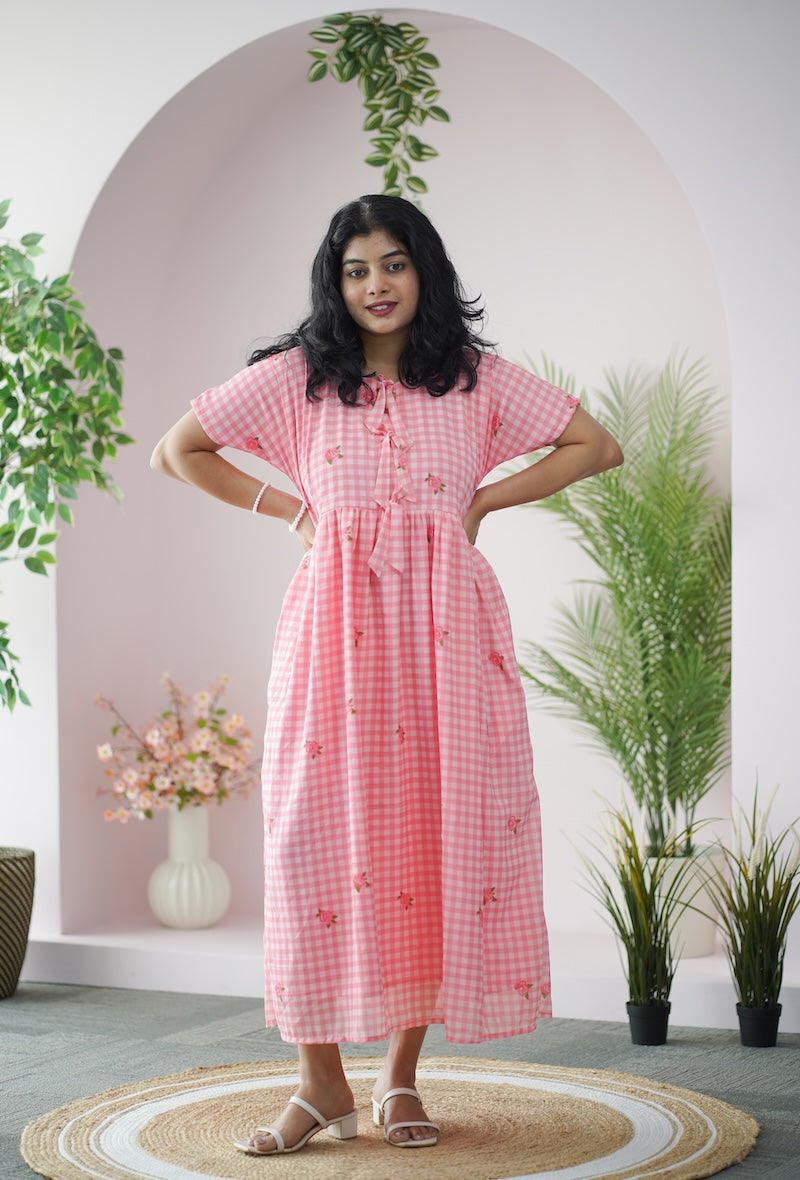 arina gingham pink checkered georgette dress