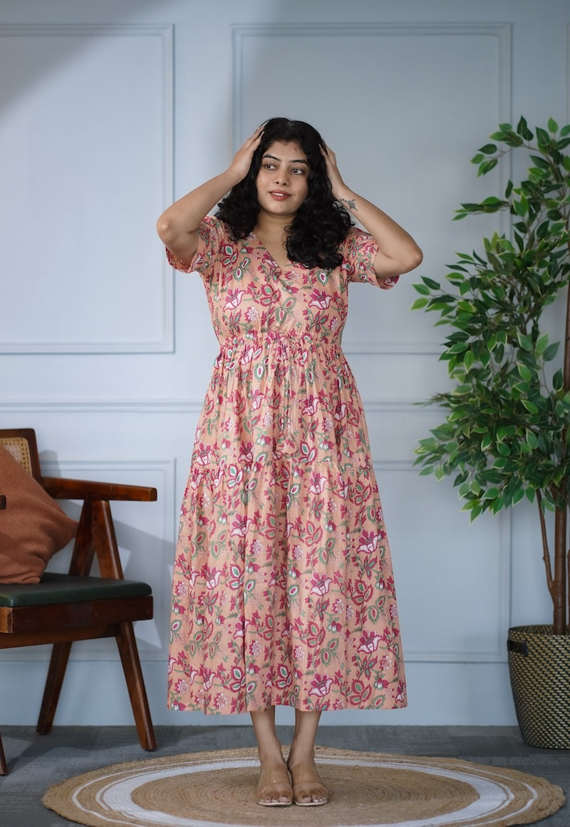 Elira Peach Floral Cotton Dress
