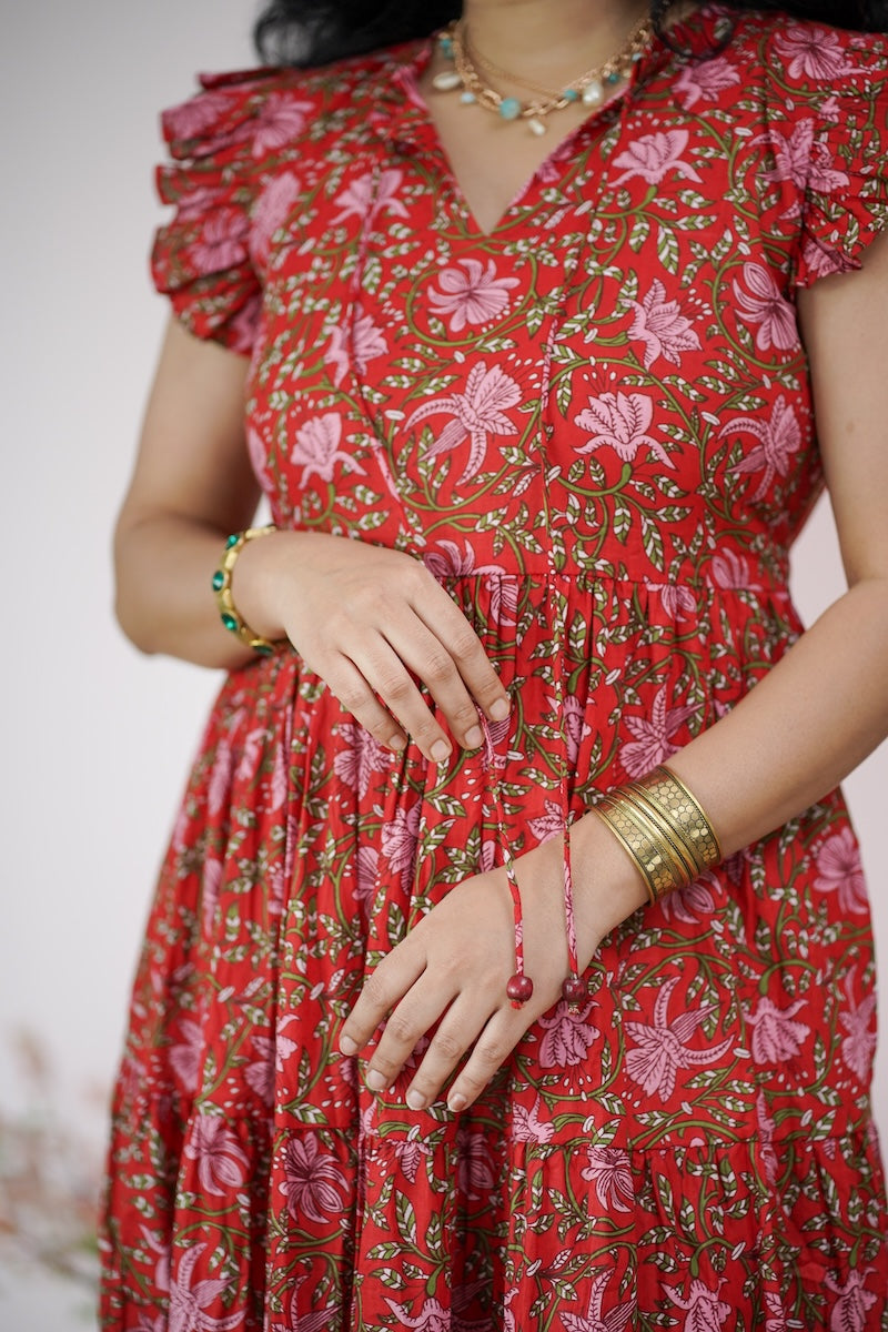 maroba red floral cotton tier dress