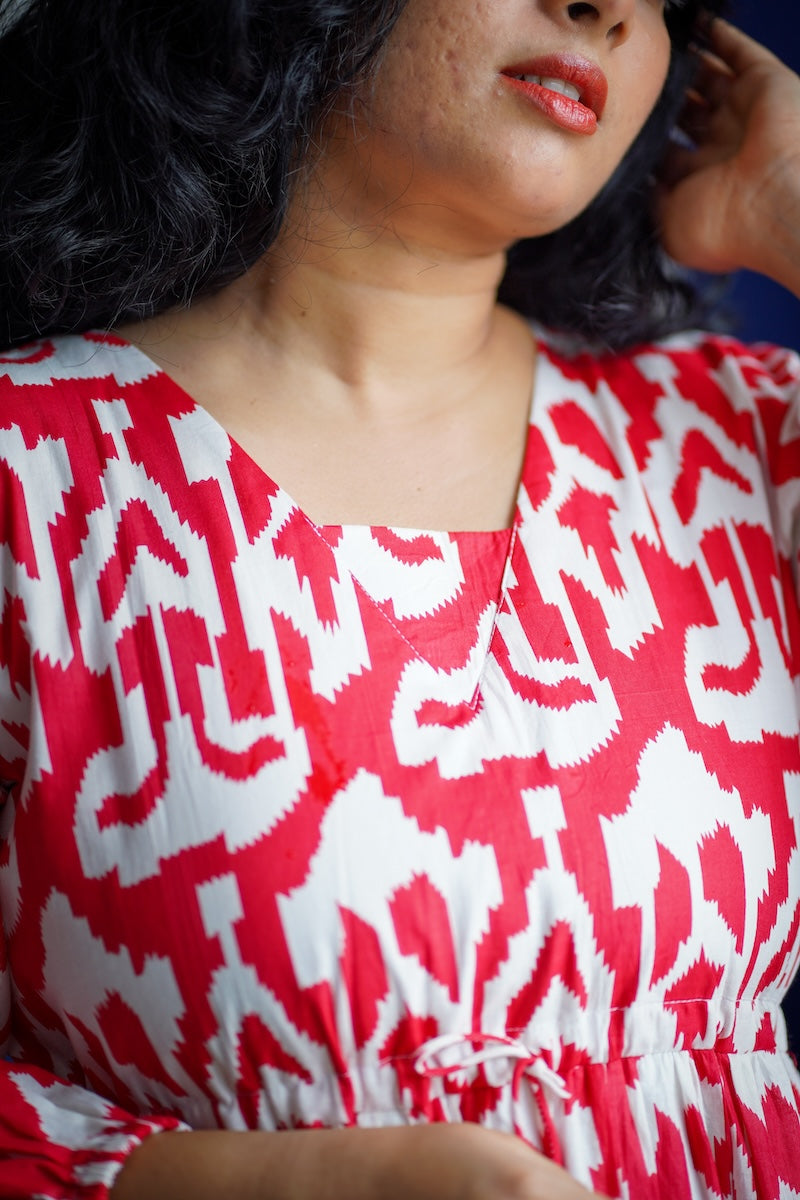 Maroba Red & White Abstract Cotton Dress