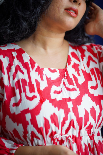 Maroba Red & White Abstract Cotton Dress