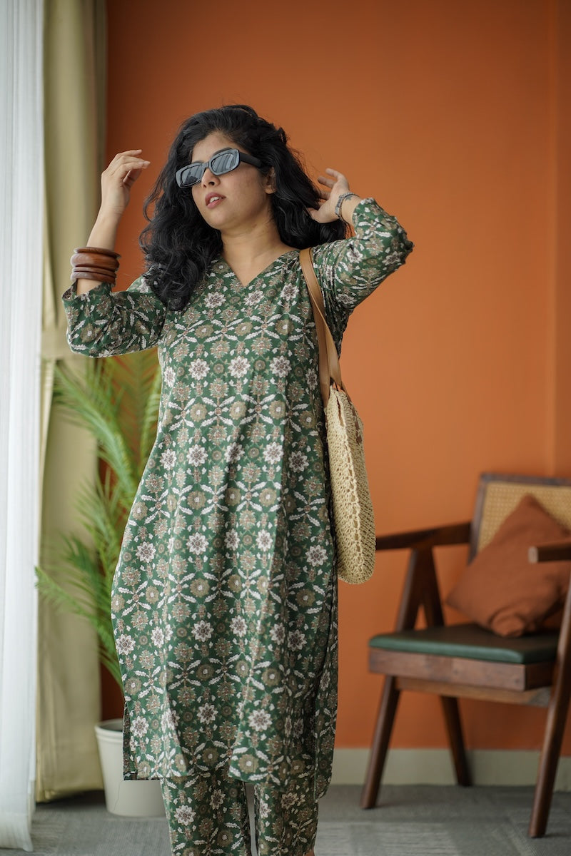 Jaan DarkGreen Slit Cotton Co-ord Set