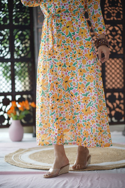 Arina WhiteYellow Floral Georgette dress