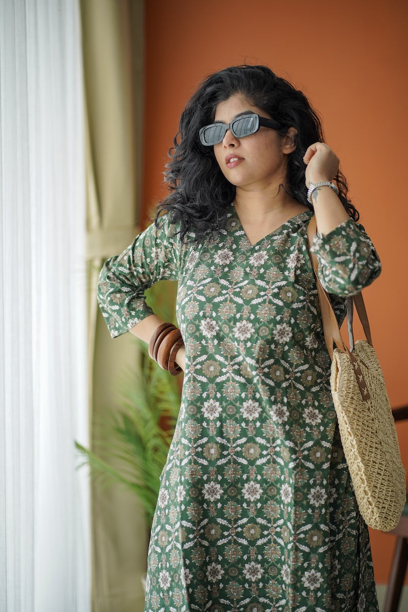 Jaan DarkGreen Slit Cotton Co-ord Set