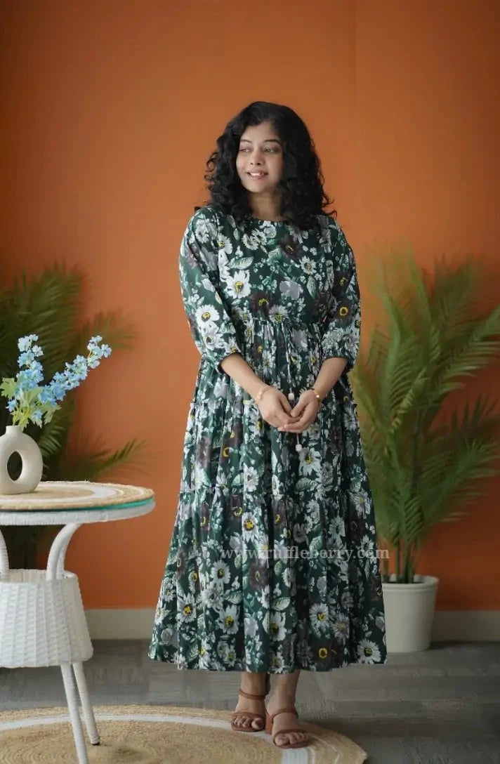 Augusta DarkGreen Floral Cotton Tier Dress