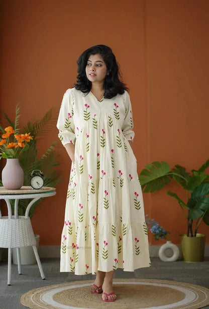 BarB White Pink Floral Cotton Dress