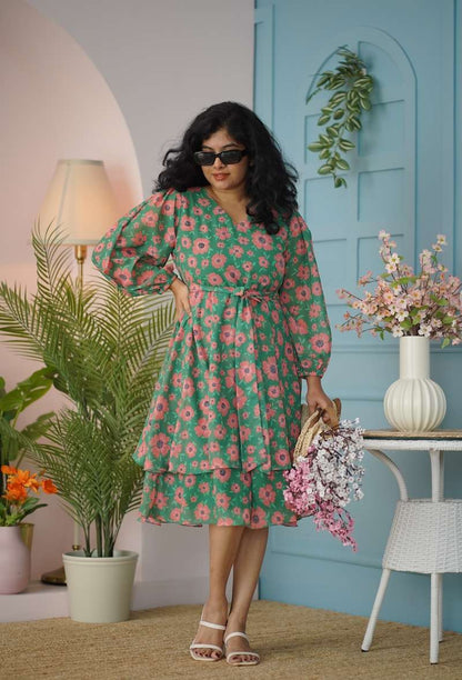 Maira Green Georgette Layered Dress