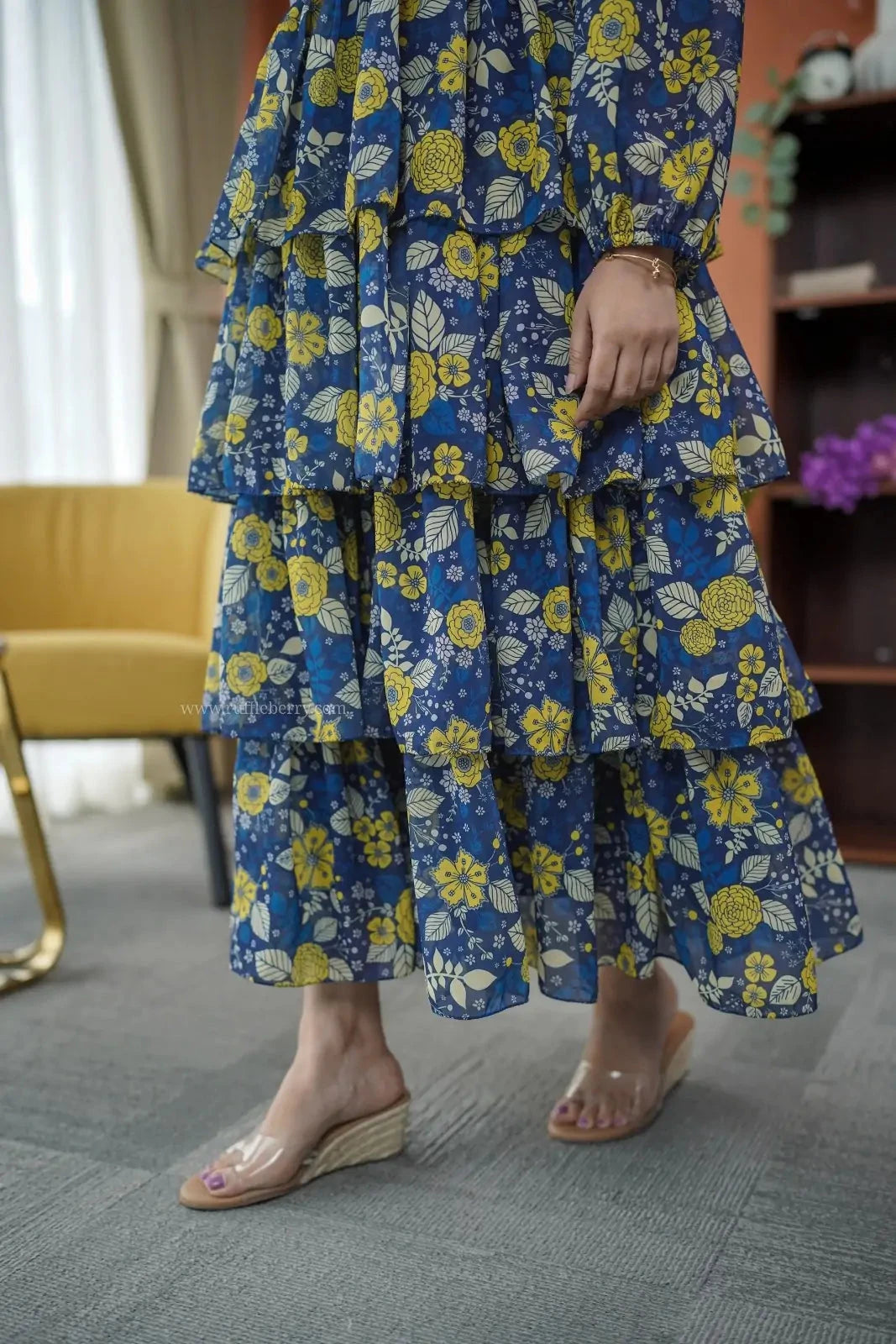 Niva Blue Yellow floral Georgette Dress
