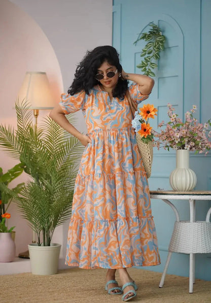 Maira Orange Abstract Georgette Dress