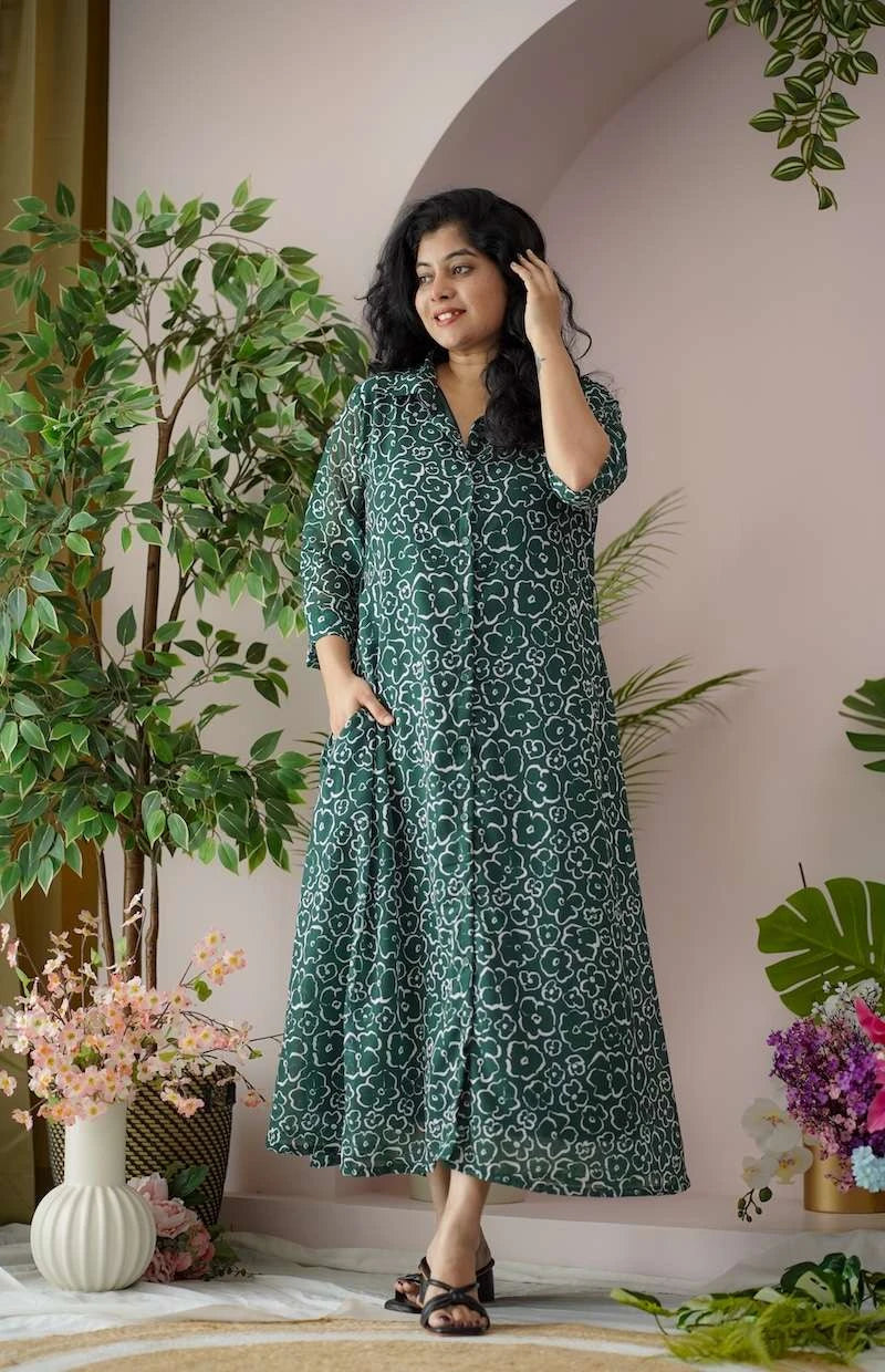 maira dark green georgette shirt dress
