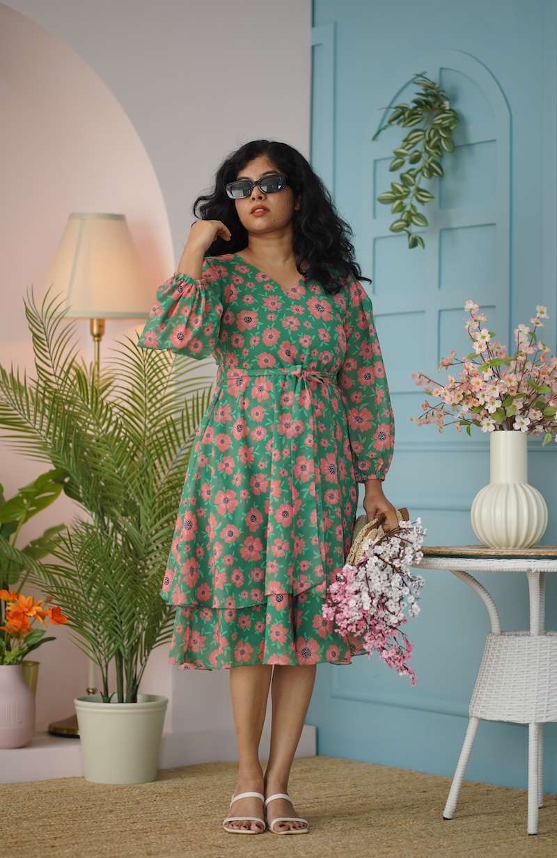 Maira Green Georgette Layered Dress