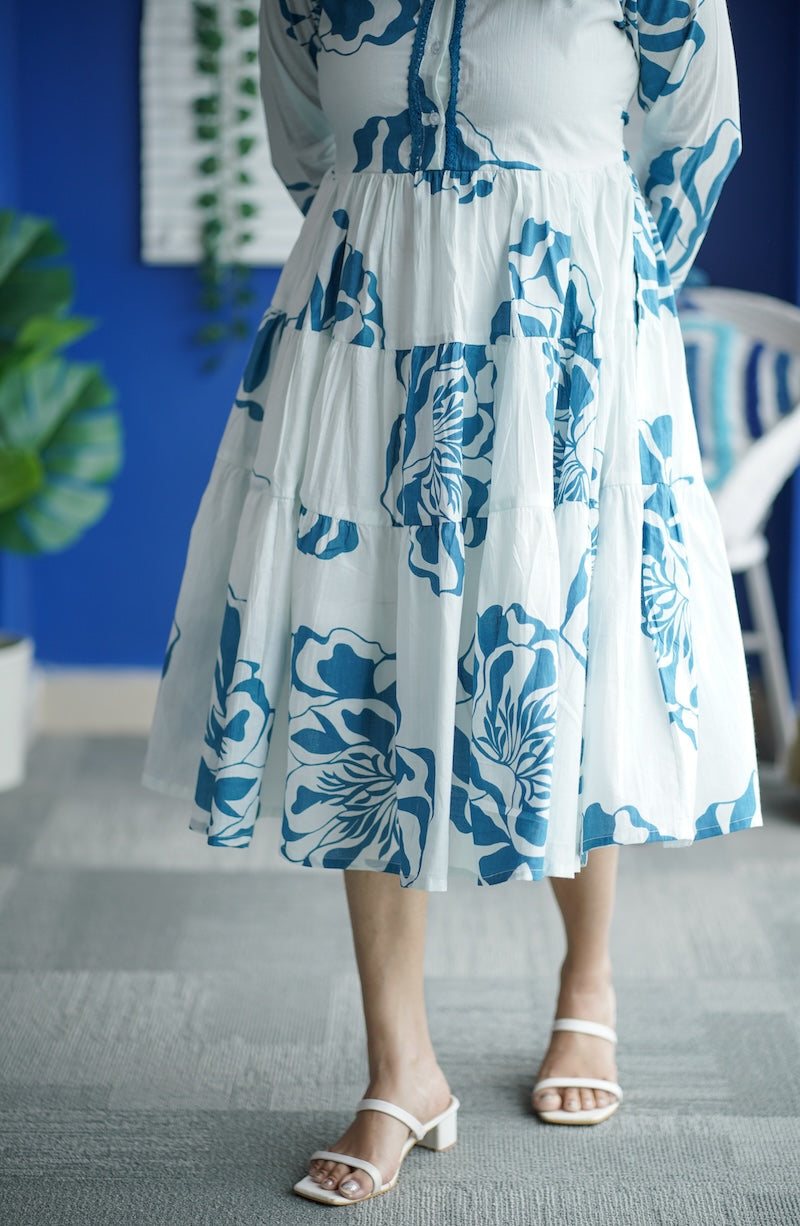 Maroba White Blue Floral Cotton Dress