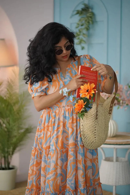 Maira Orange Abstract Georgette Dress