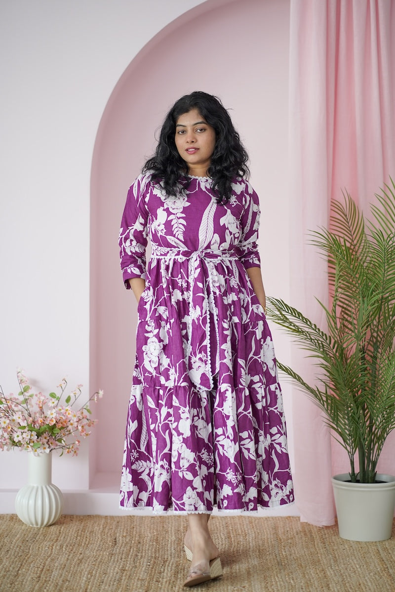 maroba purple whitefloral cotton tier dress