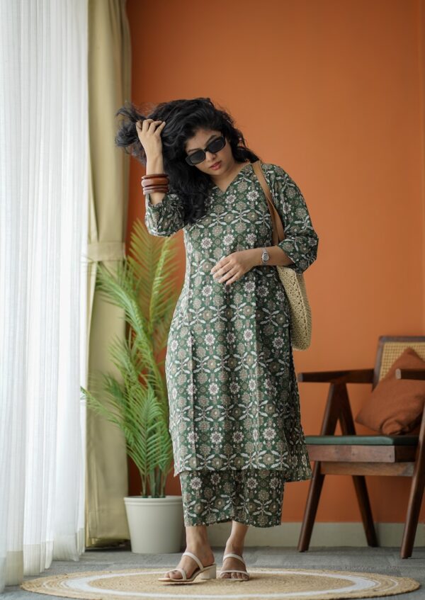Jaan DarkGreen Slit Cotton Co-ord Set
